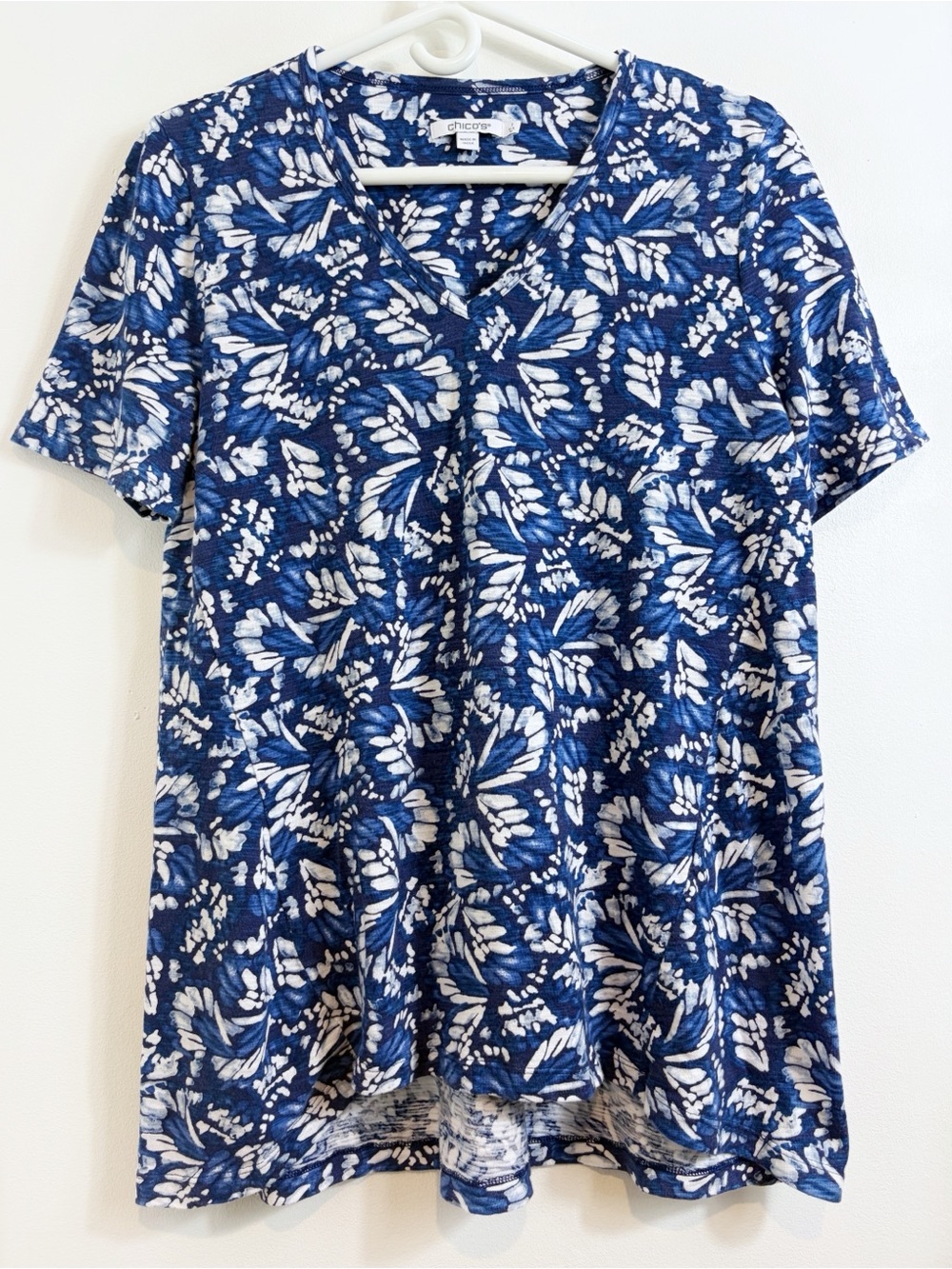 Chicos Slub V Neck Blue Butterfly T Shirt